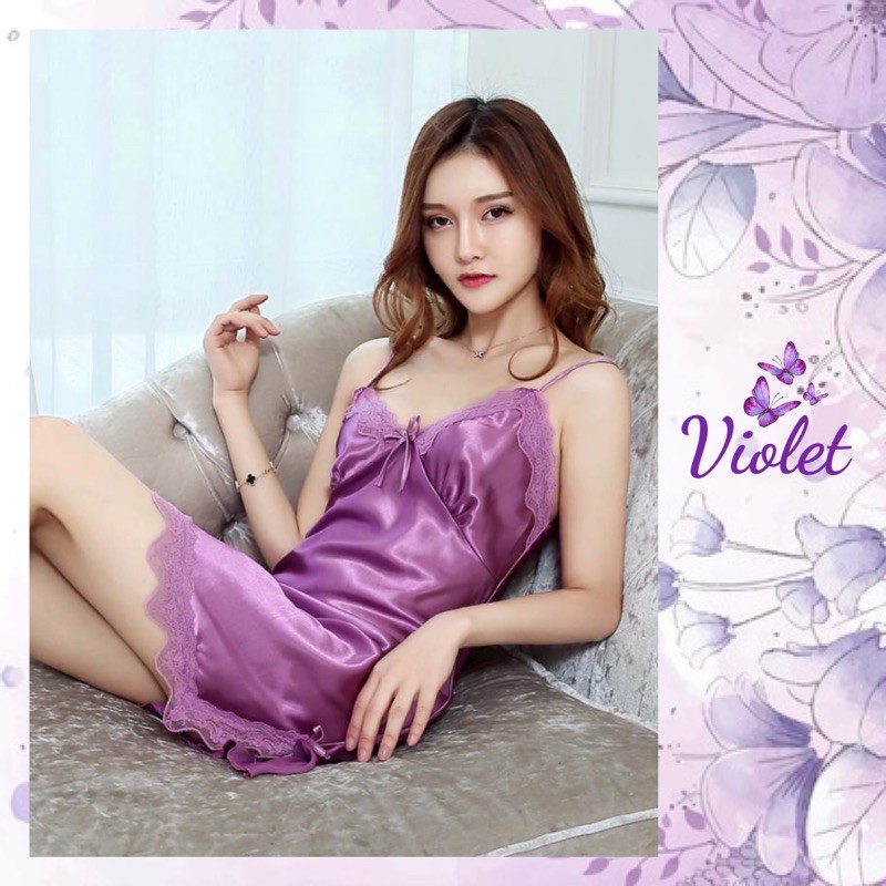Set Lingerie Violet Model Satin Lace dengan G String untuk Wanita, Baju Tidur dan Fashion Elegan