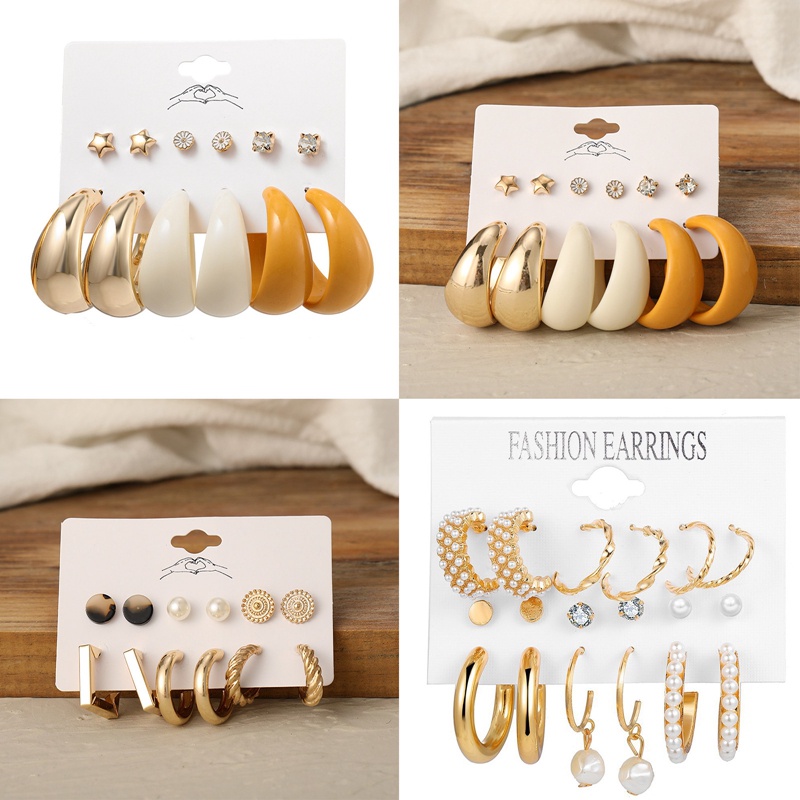 Set Perhiasan Anting Juntai Bentuk Geometris Warna Emas Aksen Mutiara Bahan Akrilik Gaya Vintage Untuk Wanita