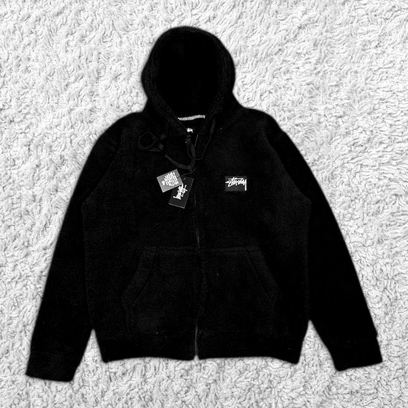 HOODIE STUSSY X CHAMPION SHERPA EMB SCRIPT BORDIR WOOL BLACK