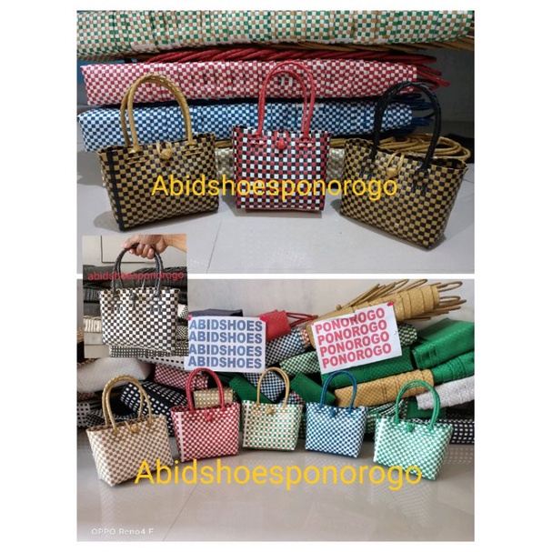 Tas anyaman plastik kaca | tas souvenir bayi | tas hand made motif random 9x20