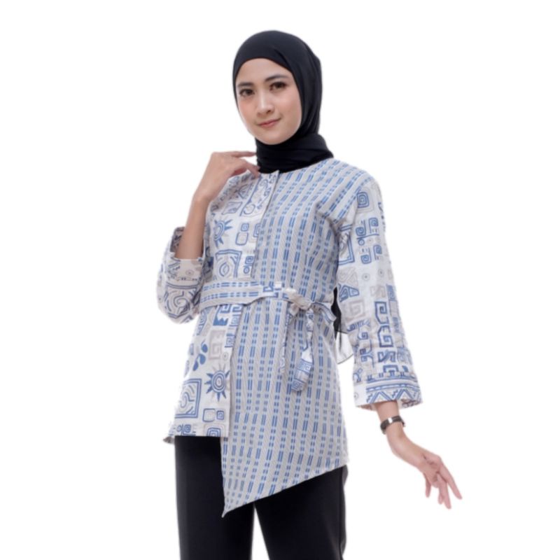 Batik wanita ASJ SA HRB026 Kenongo Kemeja Tosca Pendek-Mentari Biru
