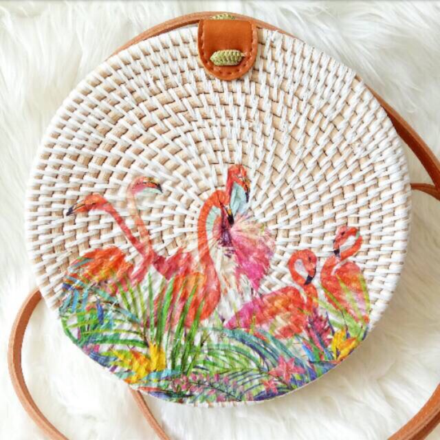 

Tas rotan lukis / Decoupage flaminggo kecil 20cm