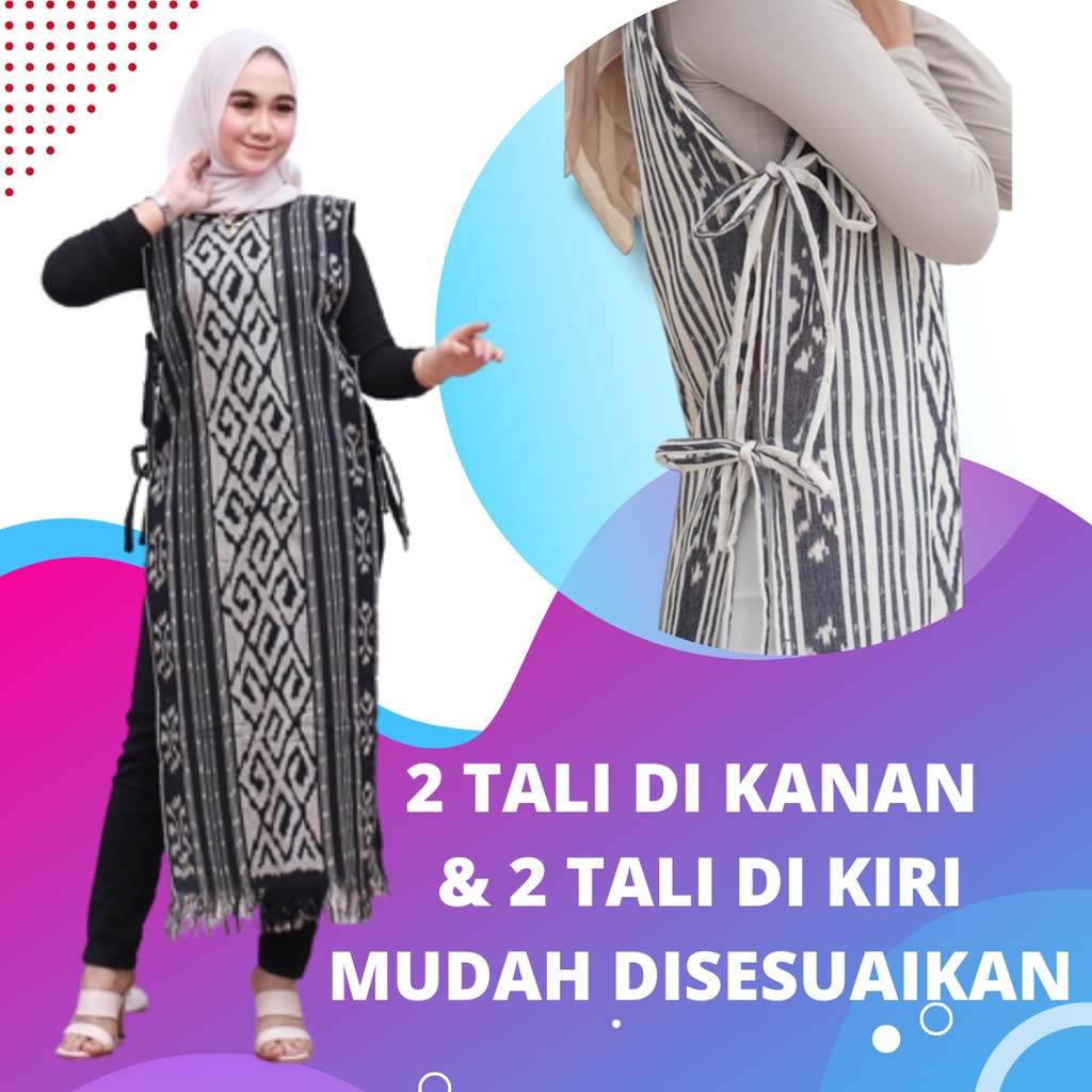 Long Vest Outer Wanita Muslim Hitam Putih Tenun Etnik Baju oter Muslimah Rompi Panjang Tanpa Lengan-5