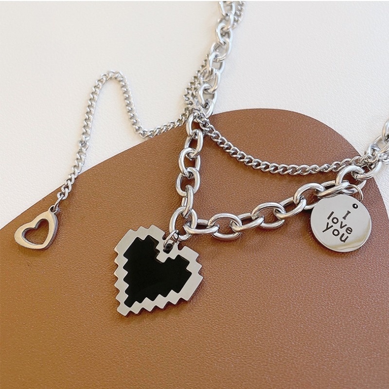 Kalung Choker Rantai Liontin Hati Mosaik Hitam Lapisan Ganda Bahan Alloy Gaya Punk Hip-Hop Untuk Wanita