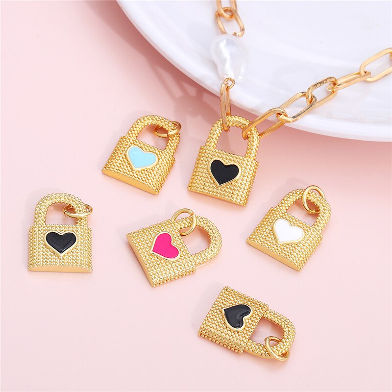 1Pc Gold Plated Enamel Lock Key Heart Charm Pendants for Bracelet Necklace Earring Making DIY Jewelry Accessories