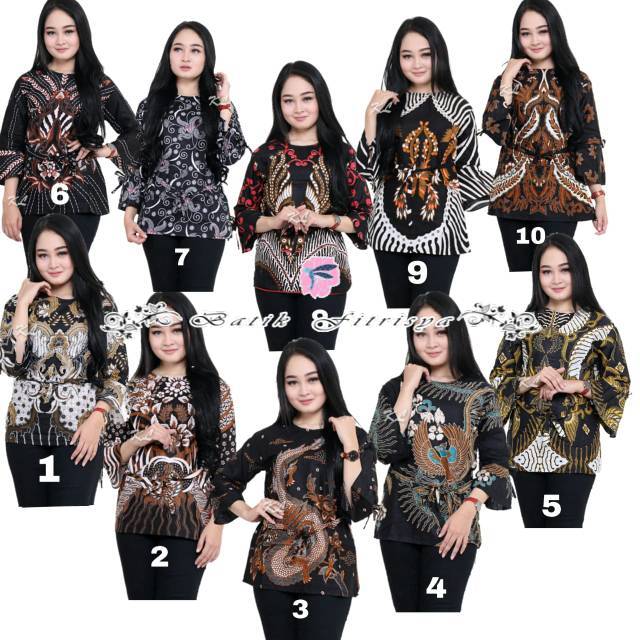 BAJU BLOUSE BATIK WANITA KOMBINASI MOTIF WARNA WARNI MERAH HITAM EMAS BIRU BATIK KANTOR ATASAN LARIS