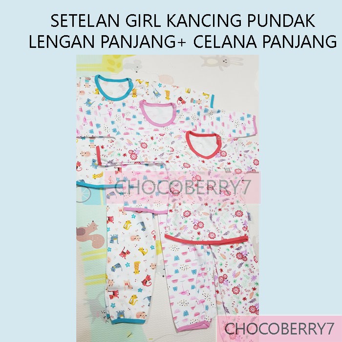 Setelan Baju Bayi Perempuan Anak Lengan Panjang Kancing Depan Pundak + Celana merk LittleQ Little Q