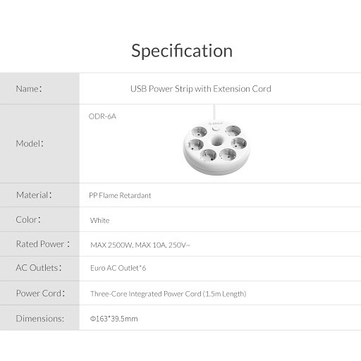 Stop Kontak Listrik orico 6 Slot 2500w 10a on off sni 1.5m cable odr-6a-10a-id - Power Strip Round