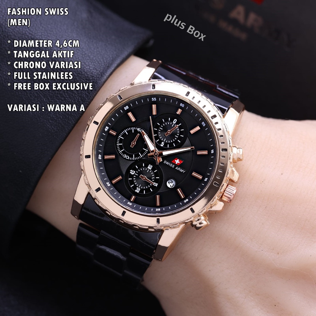 (FREE BOX) JAM TANGAN PRIA FASHION RANTAI BODY BULAT TANGGAL AKTIF