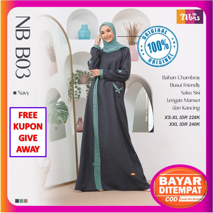 Gamis Nibras Terbaru 2021 Promo Baju Gamis Nibras Wanita Dewasa Katun Navy Ori Diskon NB B03 NBB03
