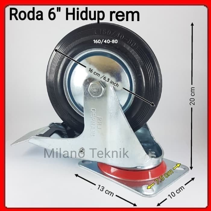 roda 6&quot; hidup rem roda karet 6 inchi roda troli trolley etalase