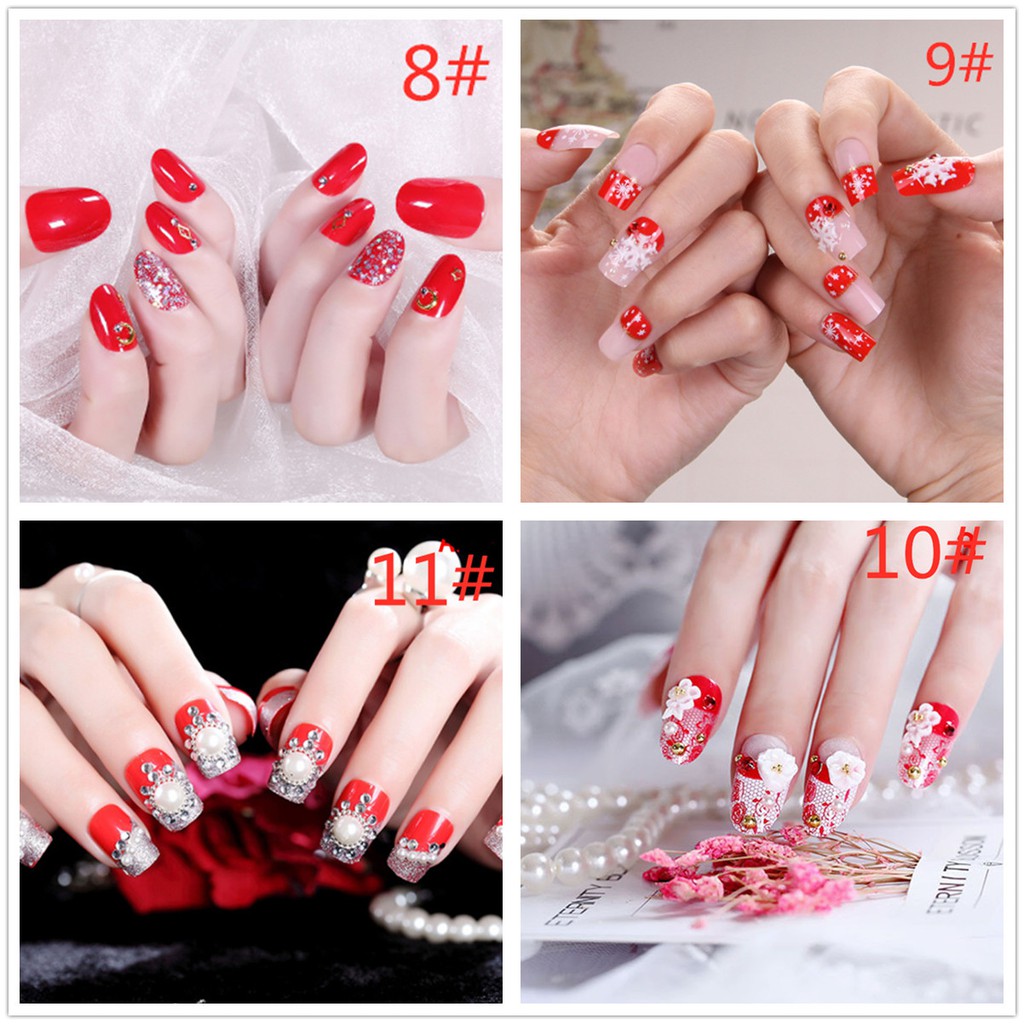 【COD】FLID 24Pcs Kuku Palsu French Nail Art Akrilik Kristal Berlian Imitasi Warna Merah