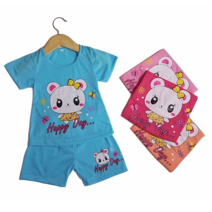 SETELAN ANAK SIKUNING PAKAIAN BAJU ANAK PEREMPUAN 2-7 TAHUN MOTIF HAPPY DAY CELANA PENDEK LENGAN PDK