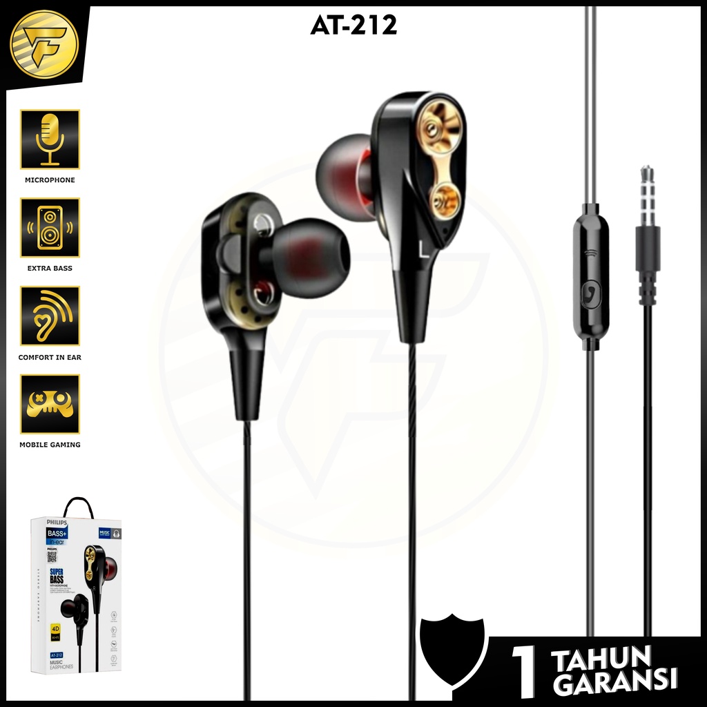 Earphone T212 stereo 4D bass music telfon headset mic