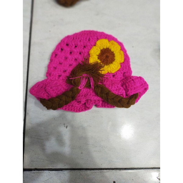 (BISA COD) TOPI KUPLUK ANAK BAYI KEPANG RENDA WIG HAT - KUPLUK KEPANG RENDA WIG HAT RAJUT TERBARU TERMURAH-Pink fanta