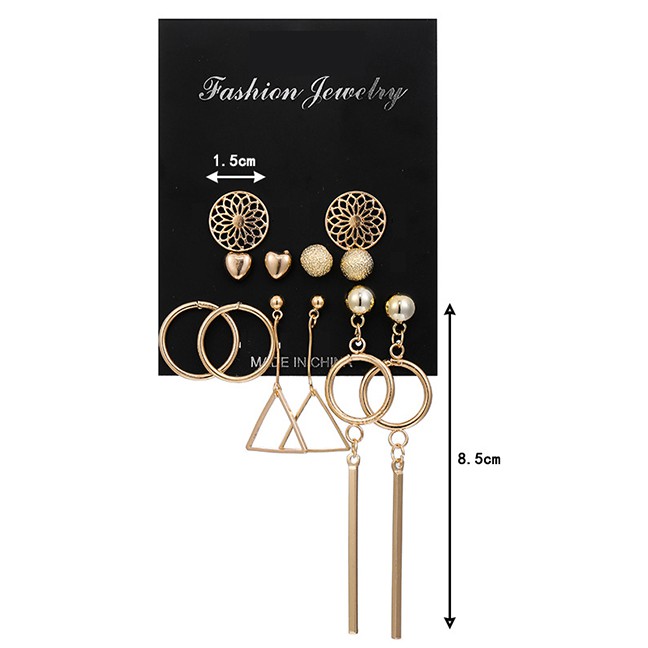 LRC Anting Set Fashion Gold Openwork Geometric Heart-shaped Earrings Set T71697