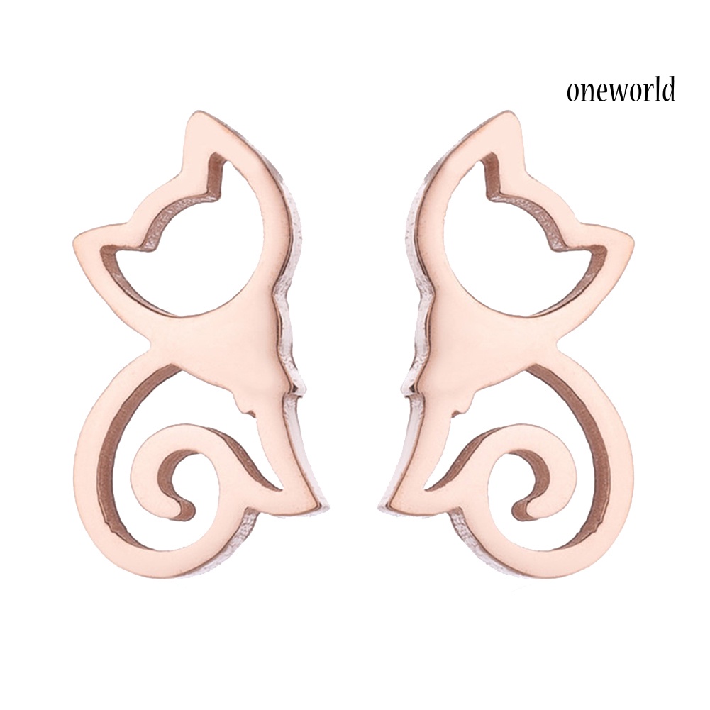 OW@ Minimalist Hollow Cat Stainless Steel Stud Earrings Cute Animal Women Jewelry