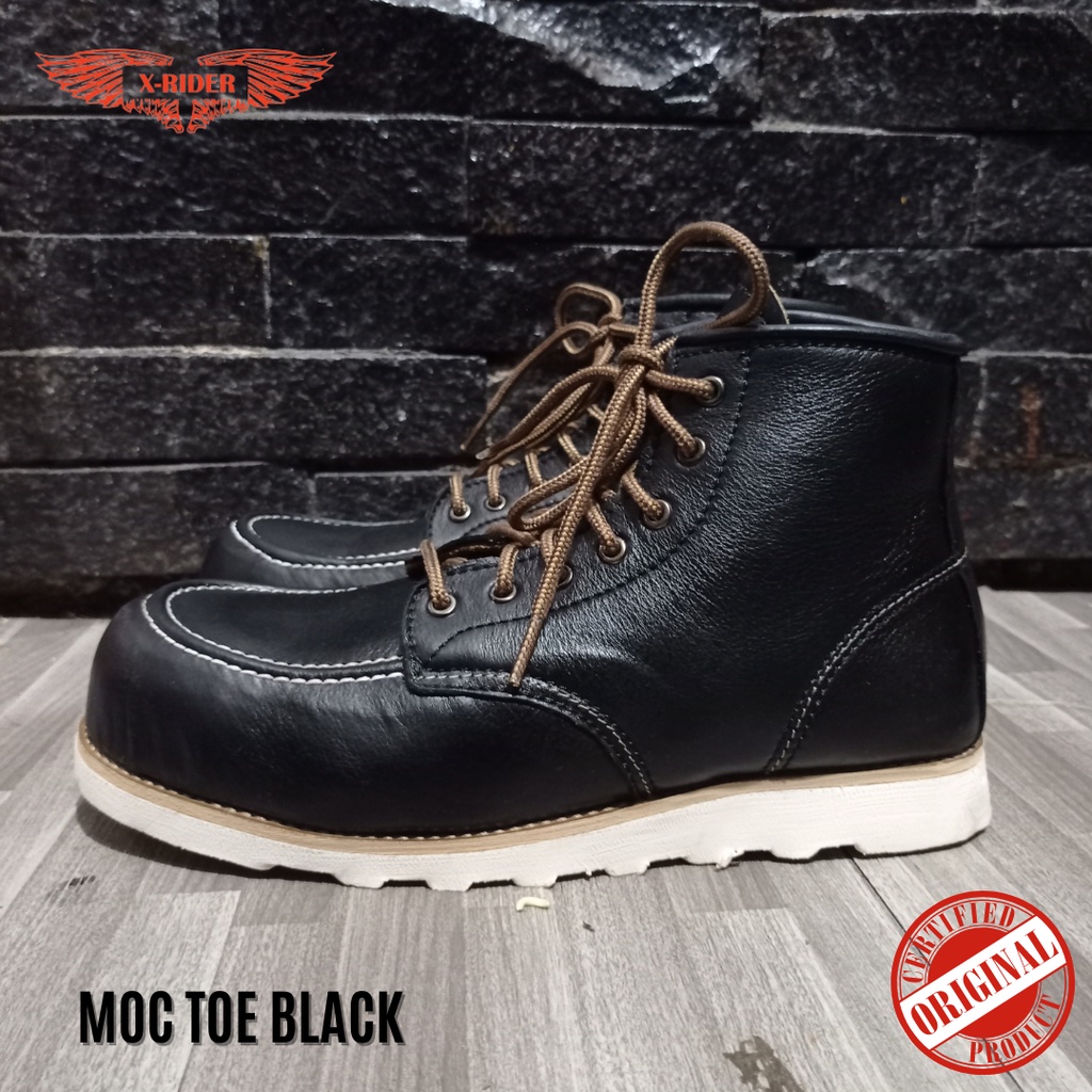 Xrider Moc Toe safety boots ujung besi Kulit Asli Hitam