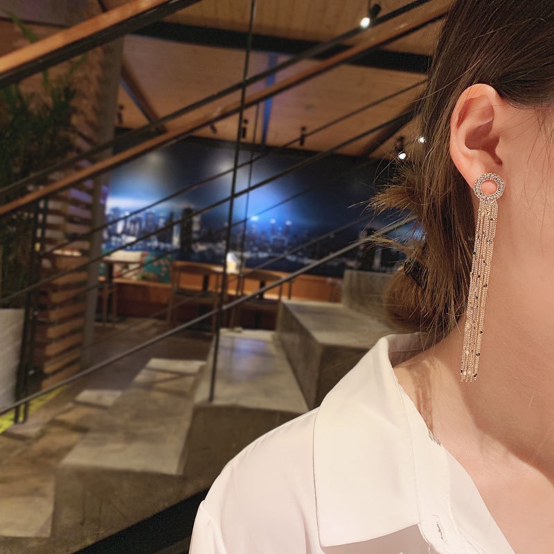 Sterling silver jarum penuh berlian imitasi rumbai anting-anting baru trendi Korea online influencer