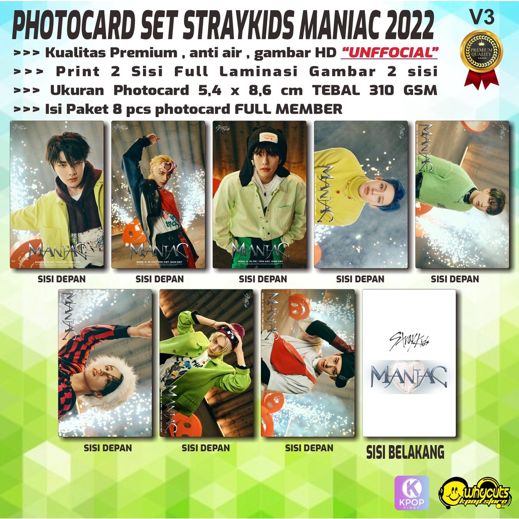 PHOTOCARD SET PC KPOP PREMIUM STRAYKIDS MANIAC / PRINT 2 SISI FULL LAMINASI GLOSSY / ANTI AIR / ART CARTON 360GSM