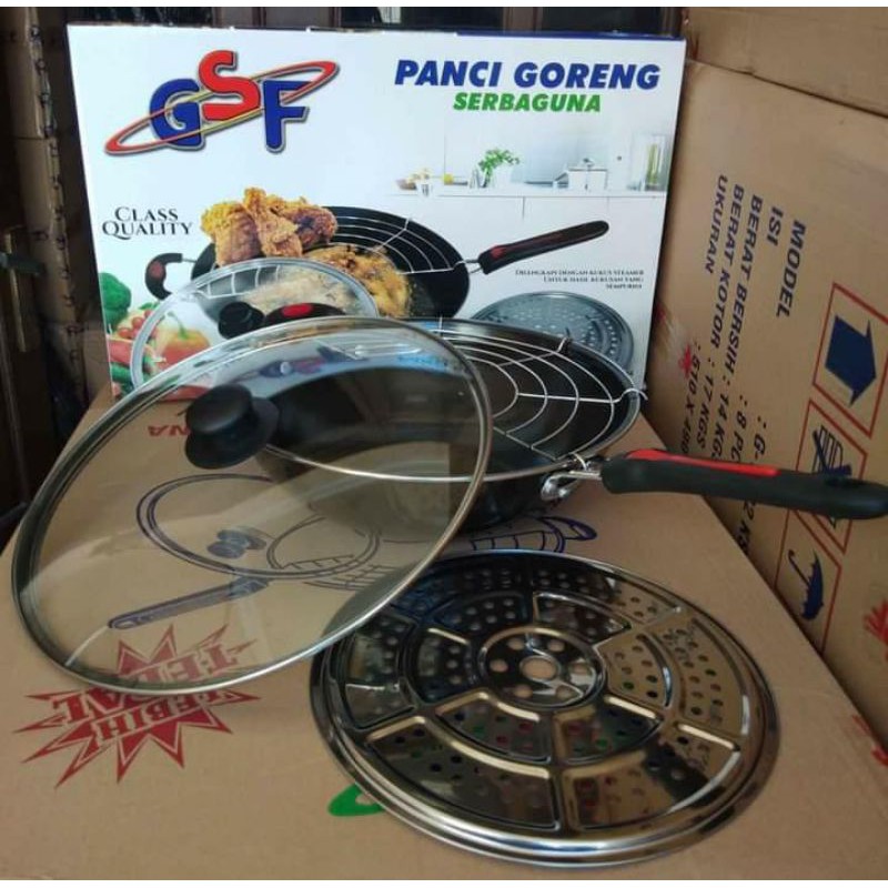 terlaris wajan serbaguna gsf 1132 + saringan + steamer + tutup kaca 32cm gagang pegangan free bubble