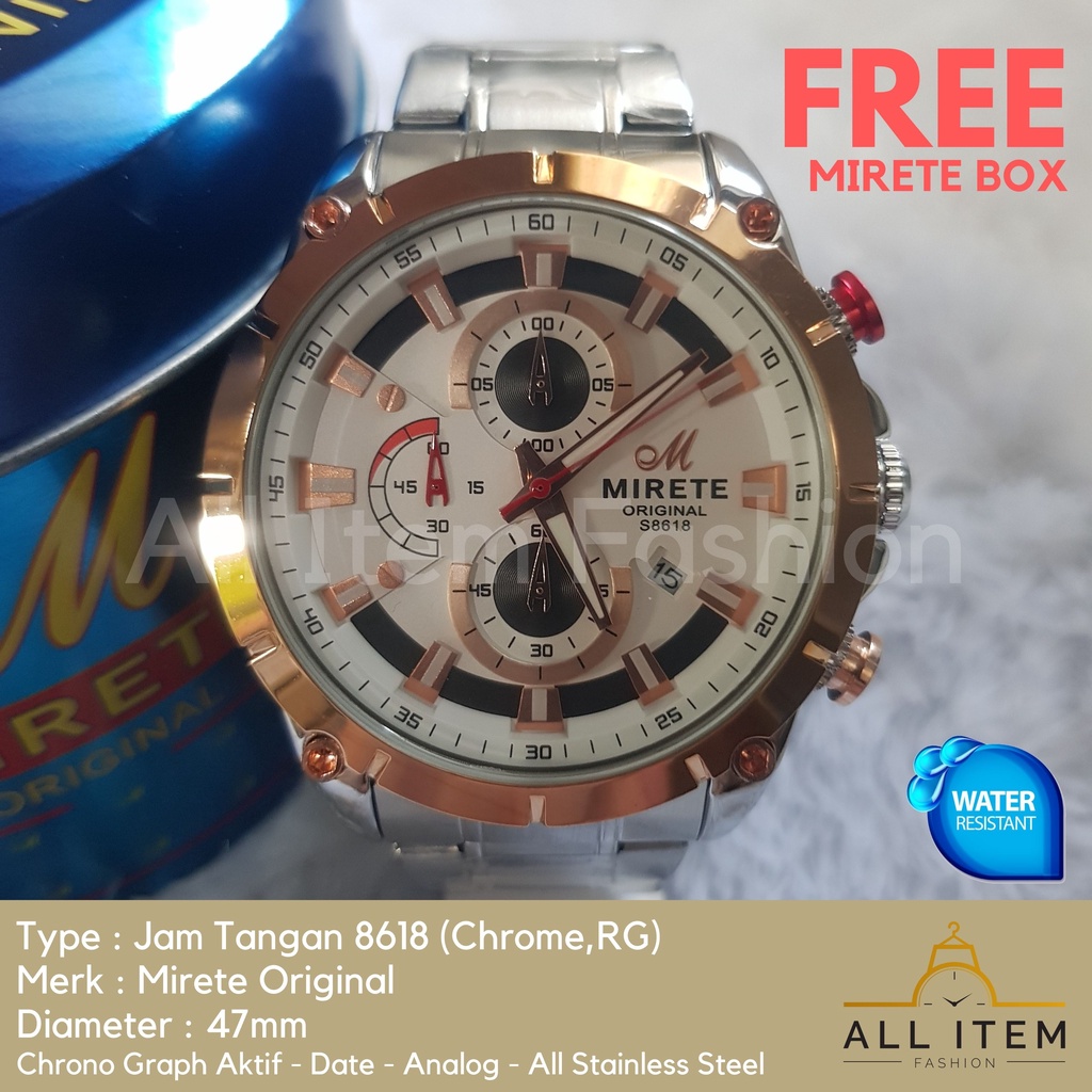 Jam Tangan Chrono Rantai MIRETE 8618 / Jam Tangan Pria Anti Air ORI / Arloji / Watches (FREE BOX)