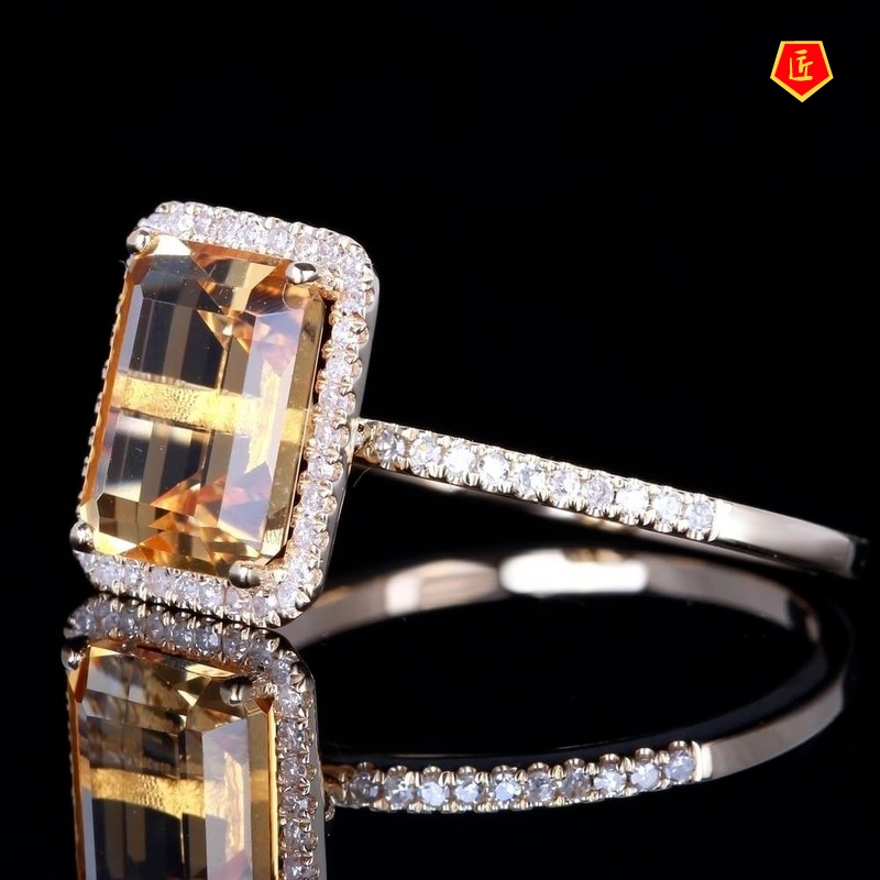 [Ready Stock]Fashion Champagne Square Diamond Ring Micro-Inlaid Yellow Gem