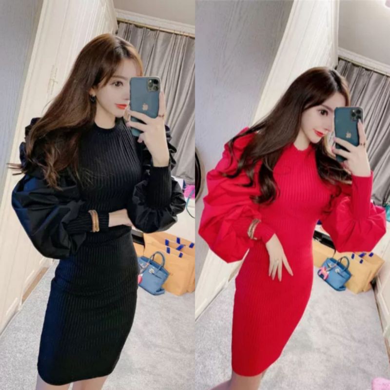 PC - Basic Puff Knit Dress Import C688 / Pakaian Wanita / Bodycon Dress Korean Style / New Fashion