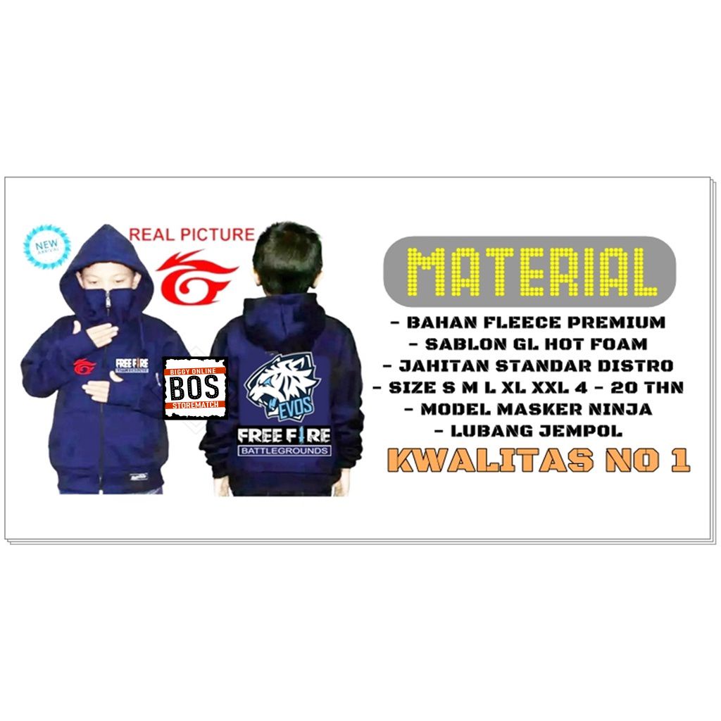 Jaket sweater Sweter Switer Fashion Anak Laki Laki ninja freefire Evos Usia 8-14tahun bisa pakai Nama Bayar Di Tempat