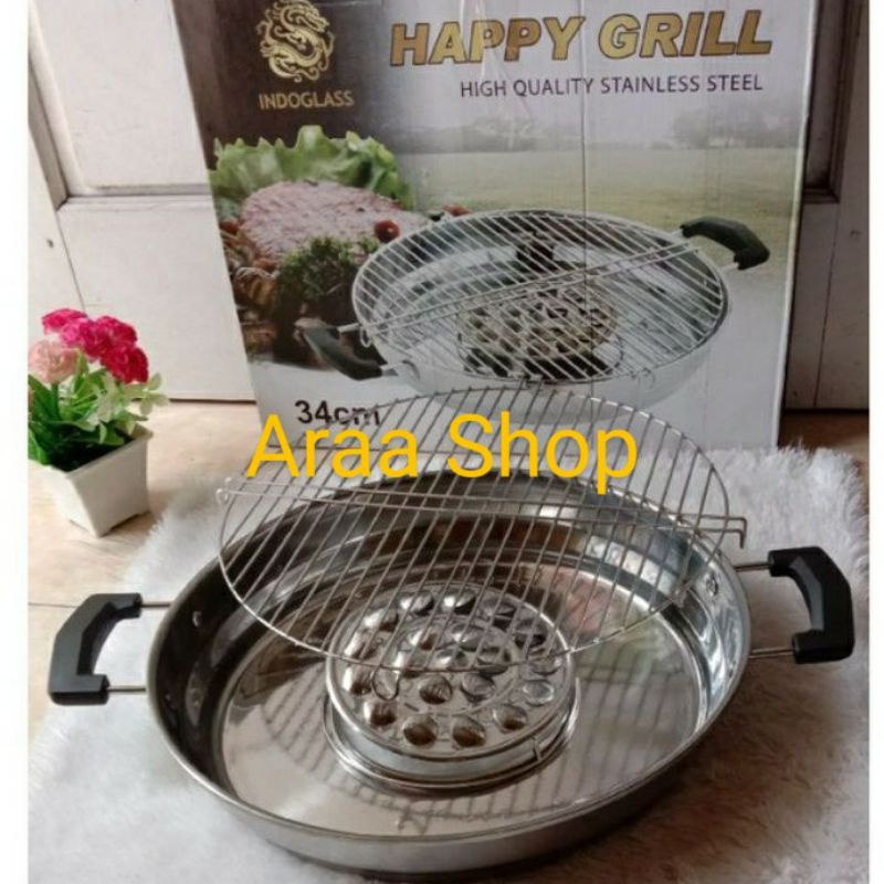 INDOGLASS Happy Grill Roaster Stainless Steel 34cm / Panggangan Sosis BBQ Bakso Bakar Alat Pemanggan