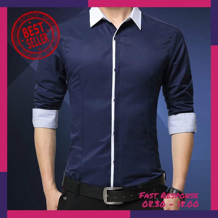 [Hnm Dongker Ot] Kemeja Pria Katun Stretch Biru Dongker