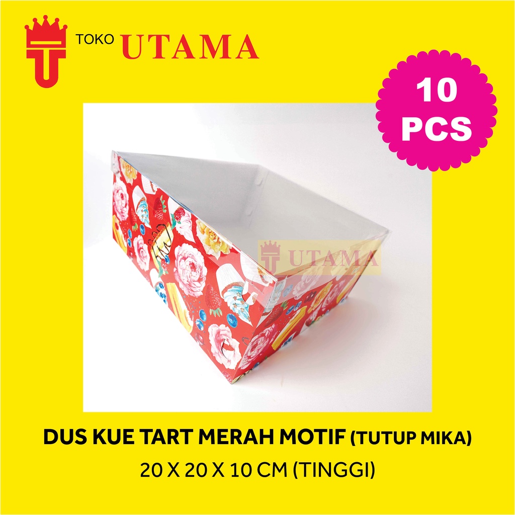 (10pcs) 20 x 20 x 10 CM Tinggi Dos DUS DUPLEX Kue Tart Merah Motif Cetak Tutup Mika