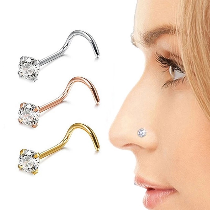 1 Set Pack  Zircon Gem Bone Nose Stud Piercing Earring / Round Diamond CZ Nose Rings