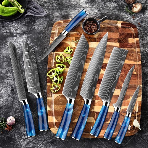 Pisau Dapur Baja Damaskus Original Gagang Biru - Damascus Kitchen Masterchef Master Chef Cleaver Sli
