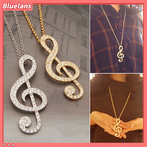 Bluelans Fashion Women Fully Rhinestone Music Note Pendant Long Chain Sweater Necklace