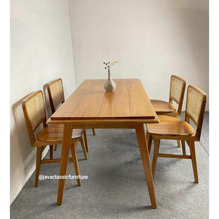 1 SET KURSI MAKAN CAFE ROTAN RETRO MINIMALIS MEJA KOTAK RESTO BAR DINNING CHAIR COFFE TABLE BAHAN KAYU JATI FINISHING NATURAL VINTAGE MEBEL FURNITURE JEPARA-3
