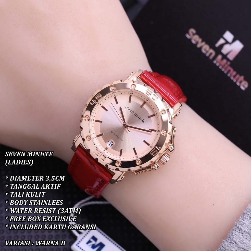 (FREE BOX) JAM TANGAN WANITASEVEN MINUTE FASHION TALI KULIT BODY BULAT TANGGAL AKTIF