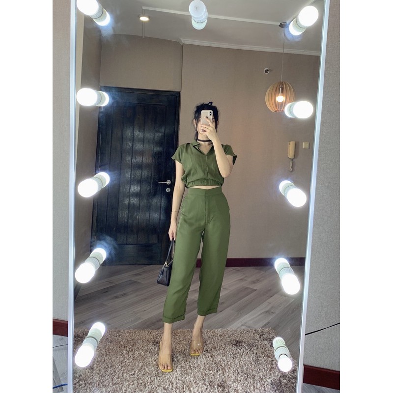 JASMINE SET SETJ310 ONE SET ATASAN CROP KARET DAN CELANA BASIC ADA SELETING DAN KANCING SETJ310-Army