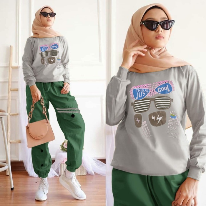 Two Paket Setelan Baju Wanita Olahraga Sepeda Jogging Sweater Celana Training Jogger 2in1