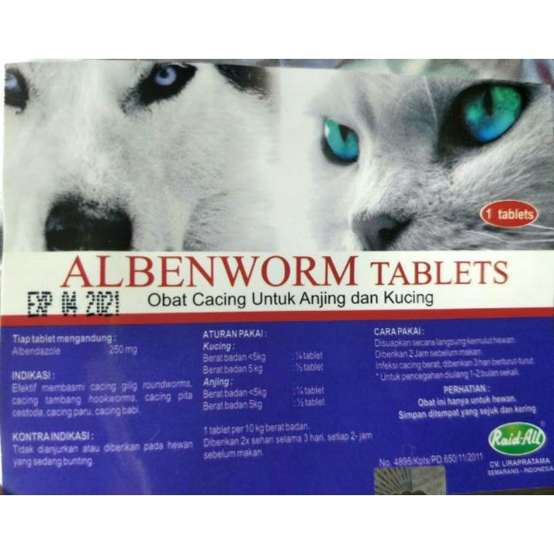 ALBENWORM CAT &amp; DOG TABLET / raid all / obat Cacing kucing anjing / hewan / pet / obat kucing
