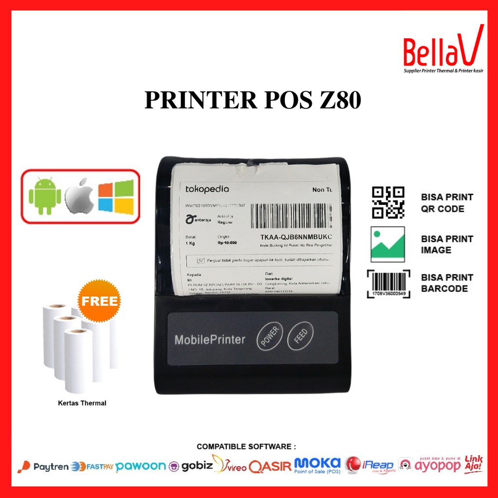 

Printer Thermal Bluetooth Kasir Label Barcode Z80 BellaV Support Cetak resi / alamat uk.80mm