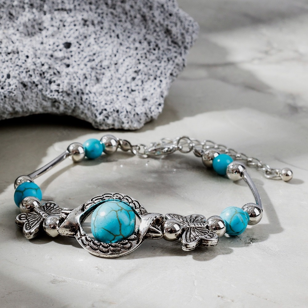 Gelang Bangle Manik Turquoise Biru Hias Kupukupu Gaya Boho Vintage Untuk Wanita