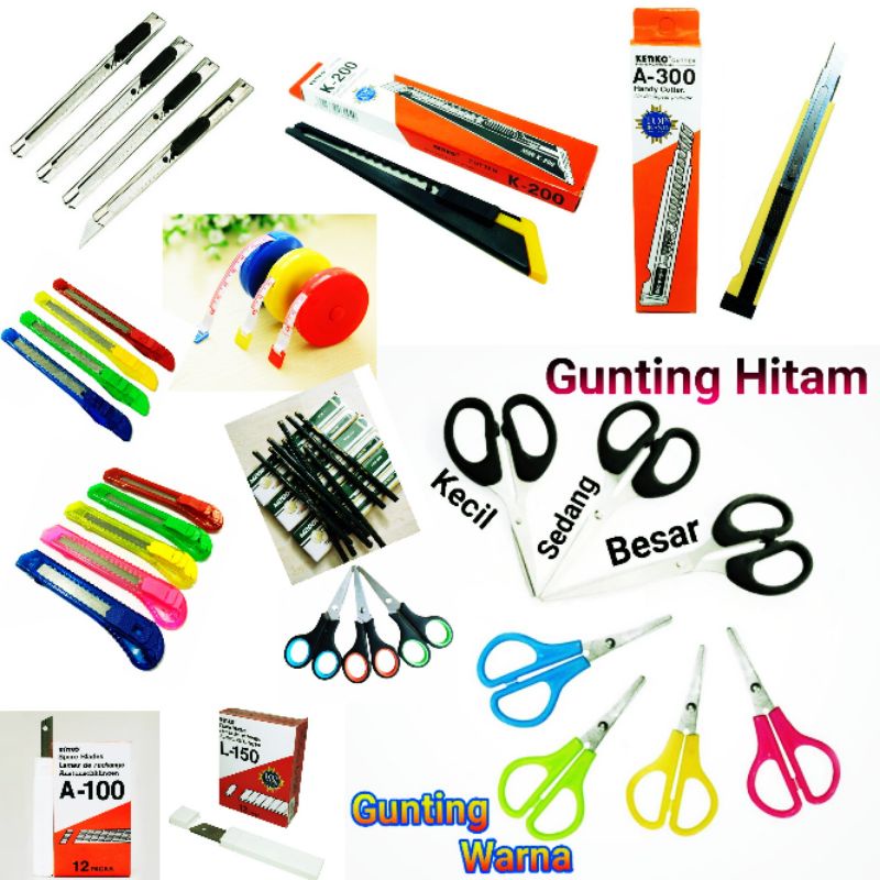

STATIONERY, gunting, cutter, isi cutter, lem G, lem korea, pensil 2B meteran