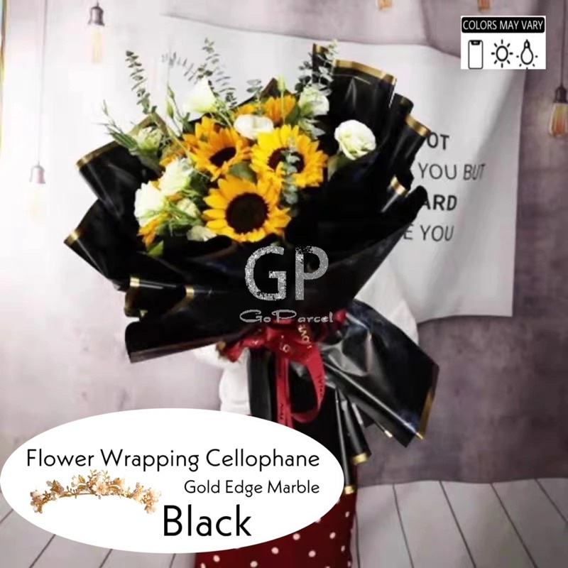 ( 5 Lembar ) GOLD EDGE MARBLE - FLOWER WRAPPING PAPER KOREAN PLASTIC CELLOPHANE - KERTAS BUNGA BUKET / FLORIST