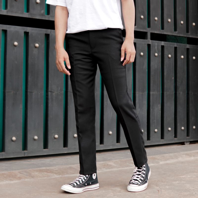 celana panjang bahan stretch pria slim fit celana formal kerja kantor hitam polos pria premium