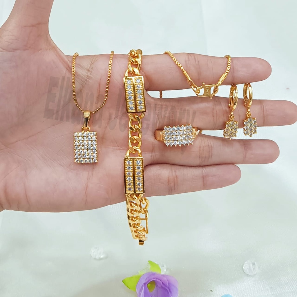 SET DEWASA RANTAI LAPIS KOTAK PERMATA Perhiasan super berkelas fashion korea anti karat dan anti luntur