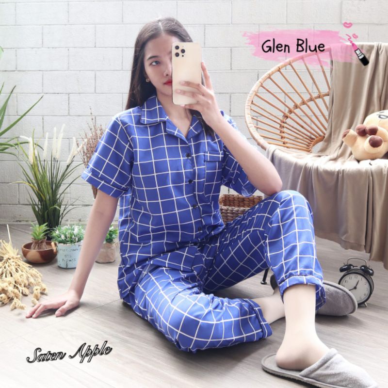 Baju Tidur Piyama Wanita Dewasa Piyama Baju Santai Motif Bunga-Kotak biru
