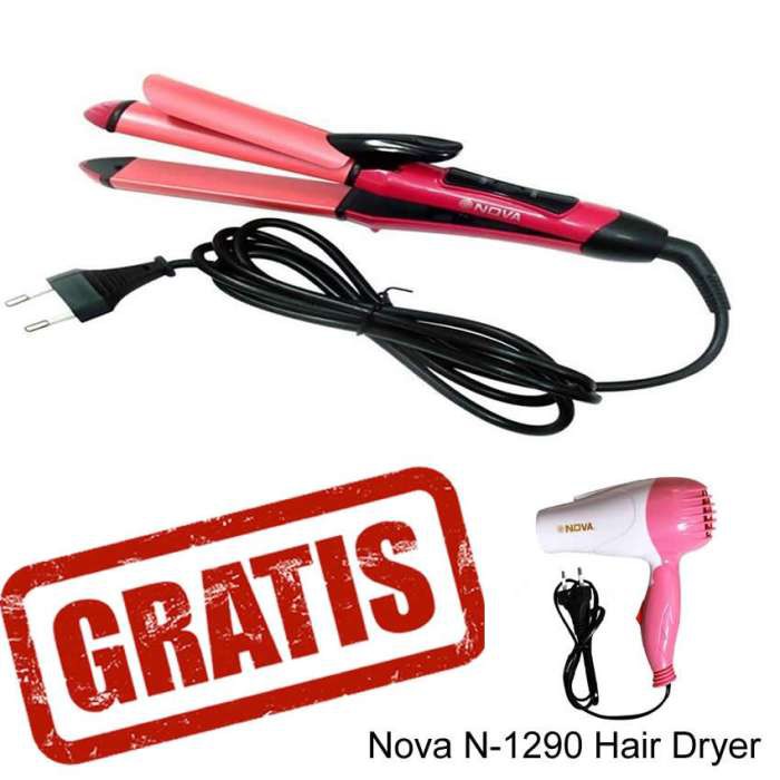 Catok Nova NHC 2009 Catokan 2 In 1 Pelurus dan Keriting Rambut Pink + Free Nova N 1290 Hair Dryer Pengering Rambut