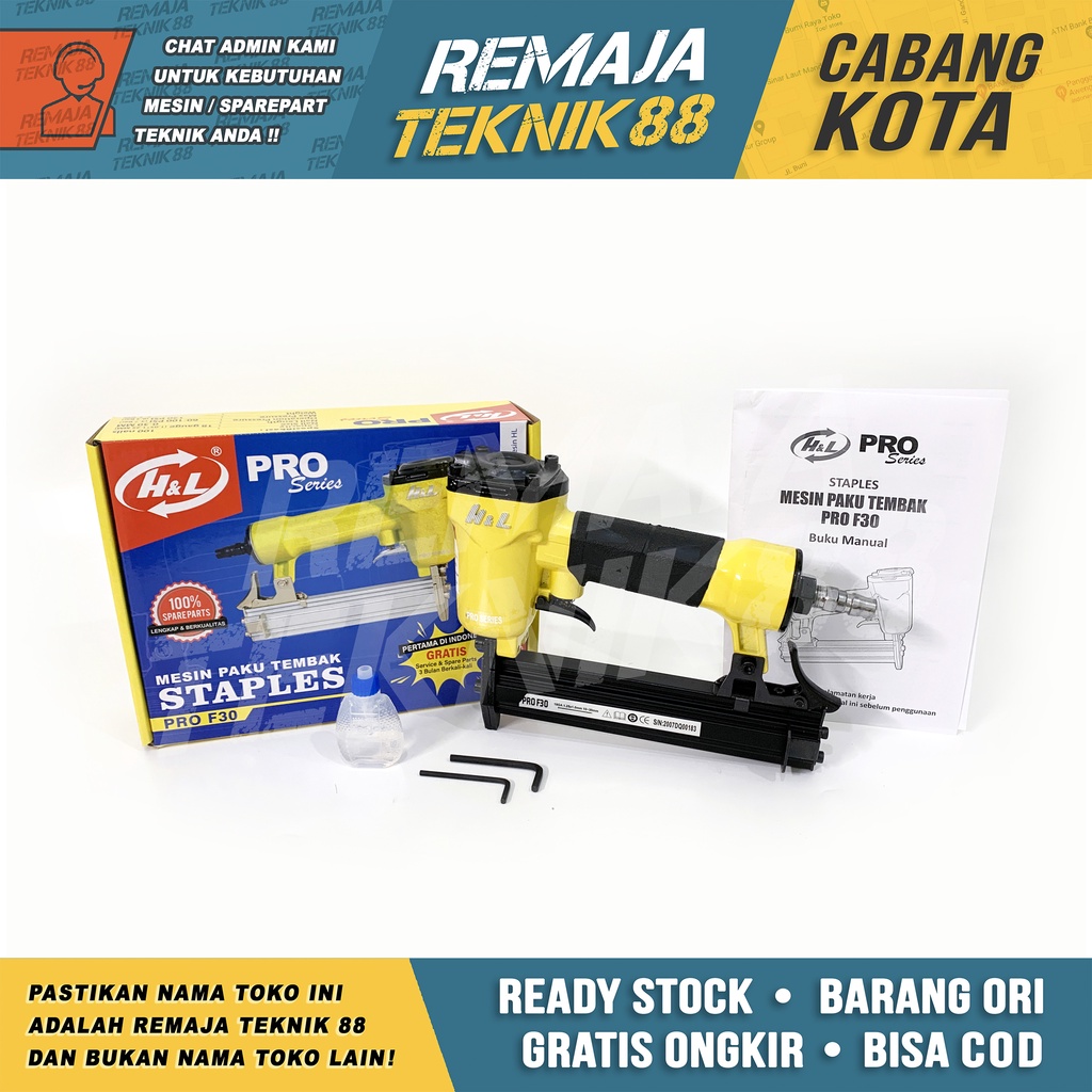 

MESIN TEMBAK PAKU / NAIL GUN STAPLES / AIR STAPLER H&L PRO F30 / KOMPRESOR / HNL HL PRO F 30