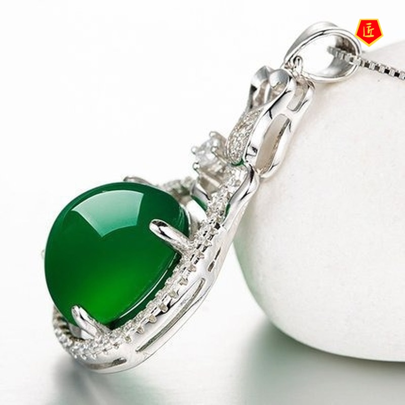 [Ready Stock]Green Chalcedony Silver Necklace Women's Fashion Pendant